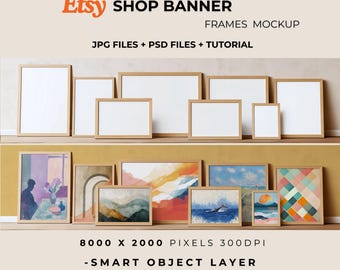 Shop Banner Mockup - 8 Frame PSD Template, Vintage Wood & Natural Light Wall Art Mockup for Etsy Shops, Print Showcase, PSD Files