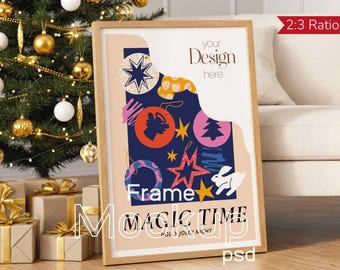 Christmas Frame Mockup PSD - Holiday Poster Template - 2:3 Vertical Wooden Frame Scene with Tree & Gifts - Festive Digital Display