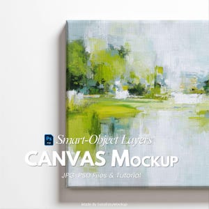 Puede incluir: Maqueta de lienzo con una pintura de paisaje abstracto en tonos verdes, amarillos y blancos. La obra de arte está sobre un lienzo estirado, con las palabras "CANVAS MOCKUP" y "Smart-Object Layers" visibles.