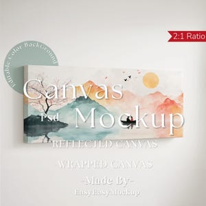 Pode incluir: Uma impressão em tela retangular com uma paisagem em aquarela com montanhas, um lago e um sol poente. A tela é rotulada como "Canvas Mockup" com texto indicando que é uma tela refletida e embrulhada, feita por EasyEasyMockup.