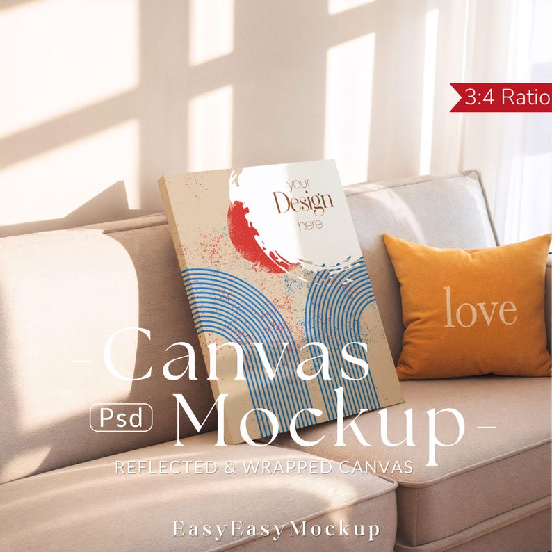Modern Abstract Canvas Mockup PSD - 3:4 Ratio - Sunlight Interior Scene ...
