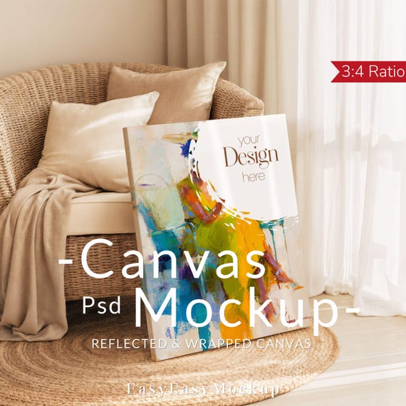 Canvas Mockup PSD - Vertical Wrapped Canvas Template - Neutral Boho Scene for Abstract Art - Reflected Edge Mockup - Digital File