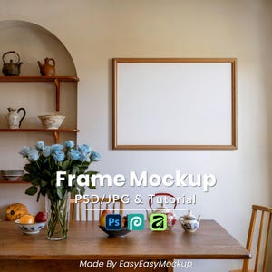 7x5 Horizontal Frame Mockup PSD JPG, Light Wood Frame in Rustic Kitchen Dining Room, Boho Mediterranean Wall Art Template, Digital Download
