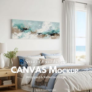 May include: A rectangular canvas art piece with an abstract design in shades of teal, brown, and gold hangs above a bed. The artwork is displayed in a bedroom setting, with the text "CANVAS MOCKUP" visible below the artwork.