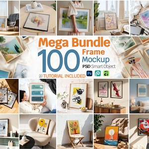 Peut inclure: Une collection d'impressions d'art encadrées et de maquettes, comprenant des peintures de paysages, des designs abstraits et des citations inspirantes. L'image présente une variété de styles et de tailles de cadres, avec le texte "Mega Bundle 100 Frame Mockup" et "Tutorial Included".