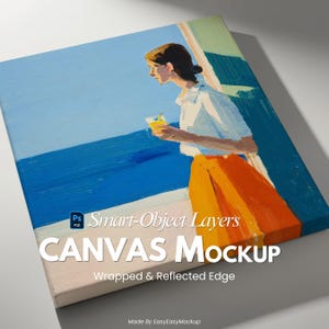 Op de afbeelding: Canvas mockup met een impressionistisch schilderij van een persoon met een drankje, uitkijkend over een blauwe zee. De persoon draagt een wit overhemd en een oranje rok. Het canvas heeft de tekst "CANVAS MOCKUP" en "Wrapped & Reflected Edge".