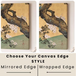 Puede incluir: Dos impresiones art&iacute;sticas en lienzo con una pintura de estilo japon&eacute;s de una rama de &aacute;rbol, flores blancas y un paisaje verde sobre un fondo dorado. El texto "CHOOSE YOUR CANVAS EDGE STYLE" se muestra debajo, con opciones para "Mirrored Edge" y "Wrapped Edge".