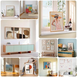 May include: A collection of framed art prints featuring abstract designs, geometric patterns, and colourful illustrations. The prints are displayed on walls and shelves in various home settings.