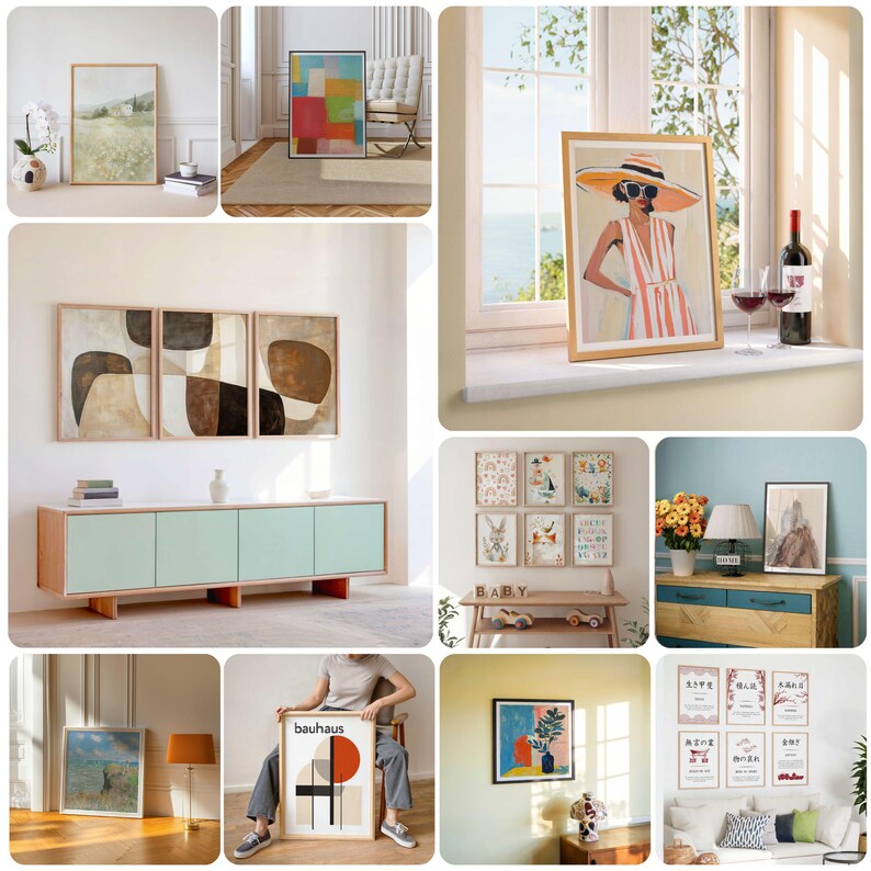 May include: A collection of framed art prints featuring abstract designs, geometric patterns, and colourful illustrations. The prints are displayed on walls and shelves in various home settings.