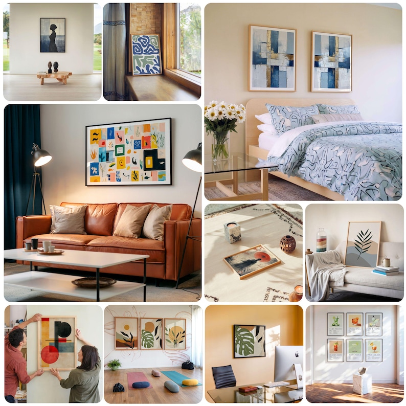 May include: A collage of nine images showcasing different ways to display artwork in a home. The images feature various styles of artwork, including abstract, geometric, and botanical prints. The artwork is displayed on walls, shelves, and tables, and in a variety of rooms, including living rooms, bedrooms, and home offices.