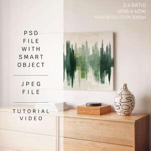 Puede incluir: Una pintura abstracta verde y blanca cuelga sobre una c&oacute;moda de madera. Un jarr&oacute;n decorativo con l&iacute;neas negras y una caja de madera con tapa negra est&aacute;n sobre la c&oacute;moda. La imagen incluye el texto "PSD FILE WITH SMART OBJECT" y "JPEG FILE".
