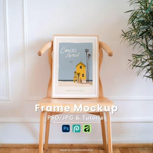 5x7 Wood Frame Mockup PSD, Leaning Chair Plant Wall Art Display Minimal White Room Poster Modern Chair Digital Print Mockup Instant Download