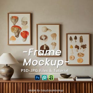 May include: Three framed mushroom art prints with watercolour illustrations in a warm-toned room. The frames are wood-toned, and the art features various mushroom species in shades of red, brown, and beige. The text "-Frame Mockup-" is visible.