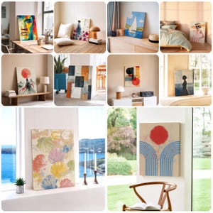 May include: A collection of canvas art prints featuring various abstract and figurative designs. The artwork includes a portrait with vibrant colors, a sailboat on the sea, and a woman in a dress. The color palette includes red, blue, and neutral tones.