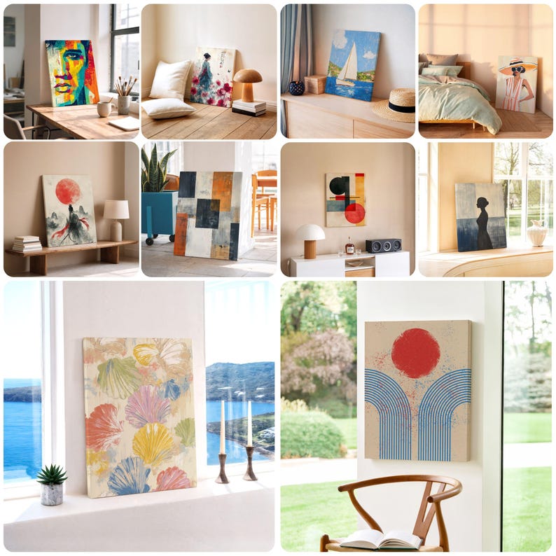 May include: A collection of canvas art prints featuring various abstract and figurative designs. The artwork includes a portrait with vibrant colors, a sailboat on the sea, and a woman in a dress. The color palette includes red, blue, and neutral tones.