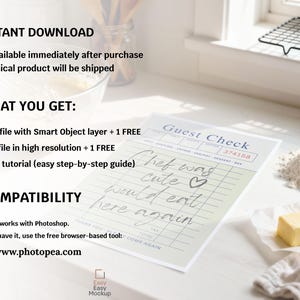 May include: A mock-up image featuring a guest check with handwritten notes, alongside ingredients like flour, butter, and eggs. The text on the check reads "Chef was cute, would eat here again." The scene suggests a culinary or restaurant theme.