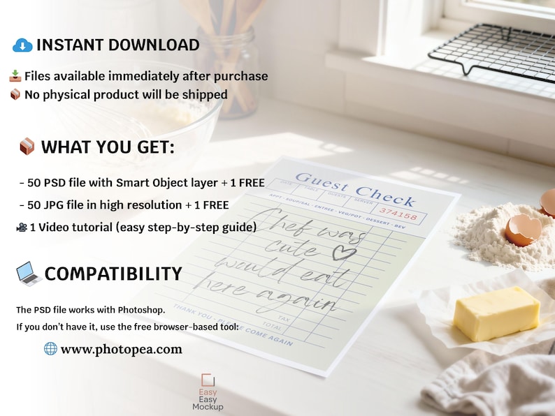 May include: A mock-up image featuring a guest check with handwritten notes, alongside ingredients like flour, butter, and eggs. The text on the check reads "Chef was cute, would eat here again." The scene suggests a culinary or restaurant theme.