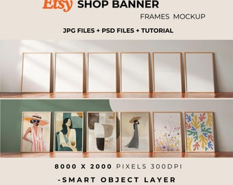 Shop Banner Mockup - 6 Frame PSD Template, Vintage Wood & Natural Light Wall Art Mockup for Etsy Shops, Print Showcase, PSD Files
