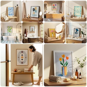 May include: A collage of framed art prints and bathroom decor. The prints feature botanical and abstract designs, with a color palette of blues, greens, and yellows. The decor includes towels, candles, and a wooden bench, creating a spa-like atmosphere.