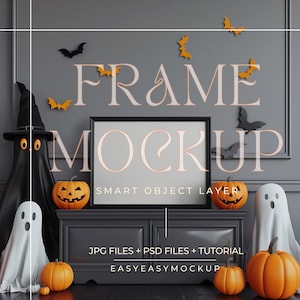 May include: A black picture frame mockup with a Halloween theme. The frame is on a dark wood shelf with a black witch's hat, ghosts, and pumpkins. The text "FRAME MOCKUP" is written in white letters above the frame. The text "SMART OBJECT LAYER" is written below the frame. The text "JPG FILES + PSD FILES + TUTORIAL" is written below the shelf. The text "EASYEASYMOCKUP" is written below the previous text.