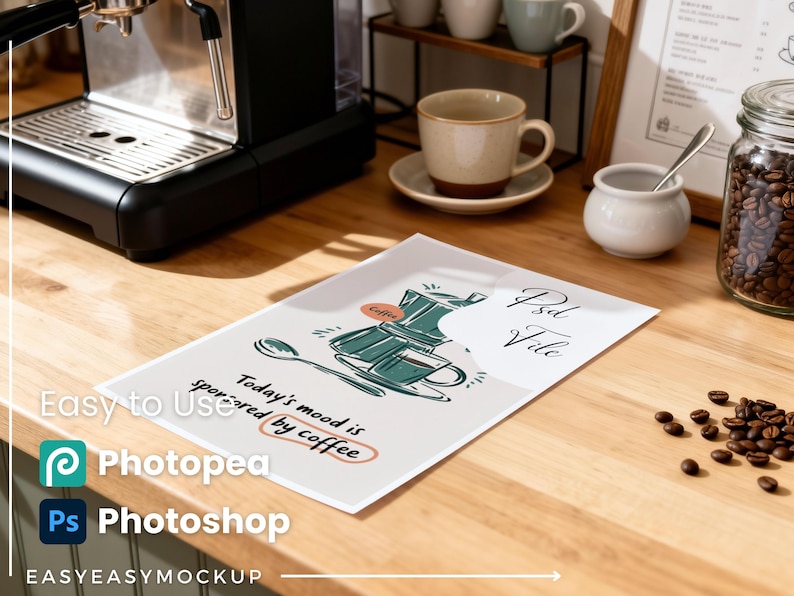 May include: A coffee-themed mockup scene featuring a white paper with a coffee pot illustration and the text "Today's mood is sponsored by coffee." The scene includes a coffee maker, coffee beans, and a coffee cup.