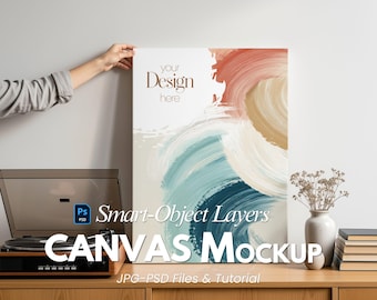 5x7 Canvas Mockup Front View with Hand — Minimal Living Room Scene, Turntable & Books Styling, PSD Smart Object Layer and High-Res JPG