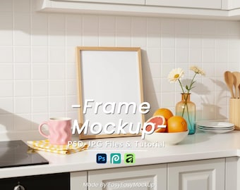 Kitchen Frame Mockup 5x7, Bright Morning Sunlight Countertop, Pink Wavy Mug & Citrus Fruit, Modern Colorful Decor, Foodie Wall Art, PSD File