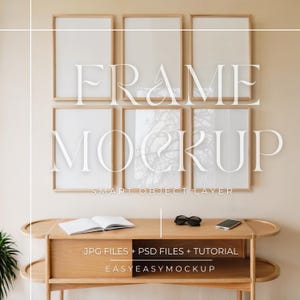 May include: A mockup of six wooden picture frames with white mounts, arranged in a grid on a beige wall. The frames are empty and ready for your photos or artwork. The text "FRAME MOCKUP" is written in white on the wall, and the text "SMART OBJECT LAYER" is written below the frames. A wooden table with a book, sunglasses, and a phone is in the foreground.