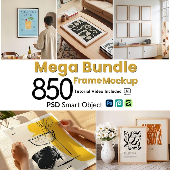 850+ Frame Mockup Bundle Set - PSD Wall Mockups, Mega Bundle of Stylish Frame Mockups for Artists & Designers, Photopea Mockup, Psd Files