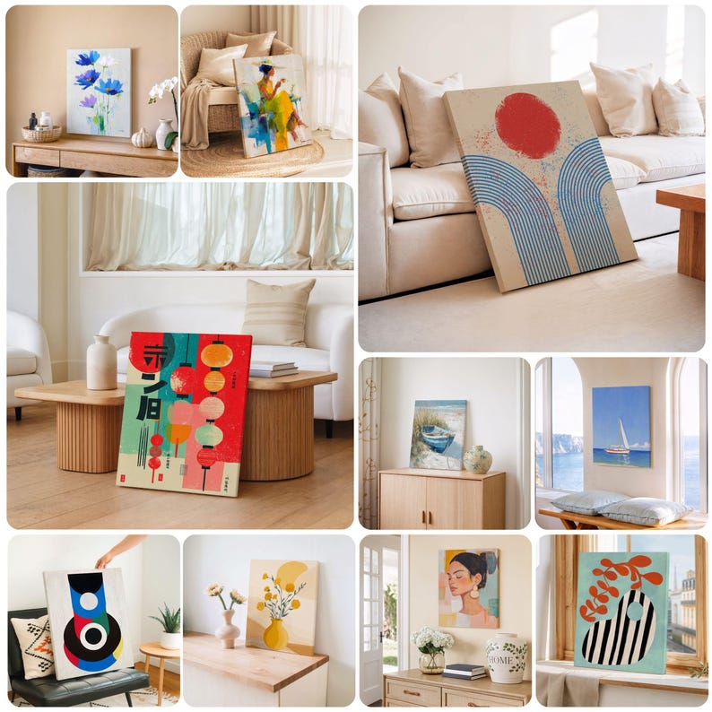 May include: Collection of canvas art prints featuring various abstract and landscape designs. Includes a painting of blue flowers, an abstract figure, a red sun over blue arches, a Japanese-inspired design, a boat on the beach, and a sailboat.