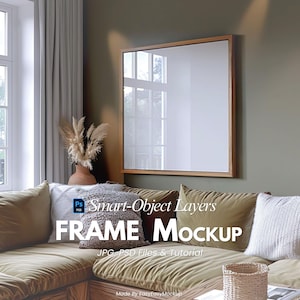 Quadratischer Rahmen Mockup PSD - Minimalistischer Wohnzimmer Holzrahmen mit intelligenten Objektschichten, JPG-Dateien und Tutorial, digitaler Download