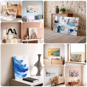 May include: A collection of abstract art canvas prints in various sizes and styles. The artwork features a range of colors, including blues, oranges, and blacks, with some pieces depicting landscapes and others with bold brushstrokes. The prints are displayed in different home settings.