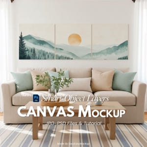 May include: A living room scene featuring a beige sofa with decorative pillows and a wooden coffee table. Above the sofa hangs a triptych canvas print depicting a mountain landscape with a setting sun. The text "CANVAS MOCKUP" is visible.