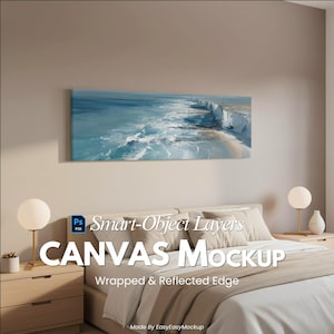 May include: A canvas mockup featuring a seascape painting in shades of blue and white, mounted above a bed. The canvas is rectangular and has a wrapped and reflected edge. The text "CANVAS MOCKUP" is displayed prominently below the painting.