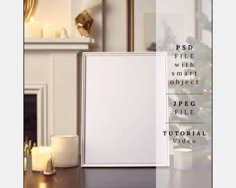 Kerstframe mockup, close-up mockup, landschapskunst print mockup, kerst mockup PSD, verticaal frame mockup