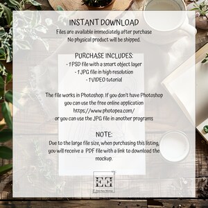 May include: A white sheet of paper with black text that reads "INSTANT DOWNLOAD" and "PURCHASE INCLUDES:" followed by a list of digital files included in the purchase. The text also includes a website address and the words "NOTE:" and "Easy Easy Mockup".