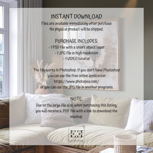 May include: A digital download listing for a PSD file with a smart object layer, a JPG file, and a video tutorial. The listing includes the text "INSTANT DOWNLOAD", "PURCHASE INCLUDES", "The file works in Photoshop", "https://www.photopea.com", "NOTE", "Due to the large file size, when purchasing this listing, you will receive a PDF file with a link to download the mockup.", and "Easy Lavy Mockup".