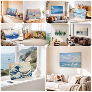 May include: Collection of canvas art prints featuring various landscape and seascape paintings. The artworks depict scenes such as sailboats on the water, crashing waves, and a Japanese woodblock print of a large wave. The color palettes include blues, greens, and warm tones.