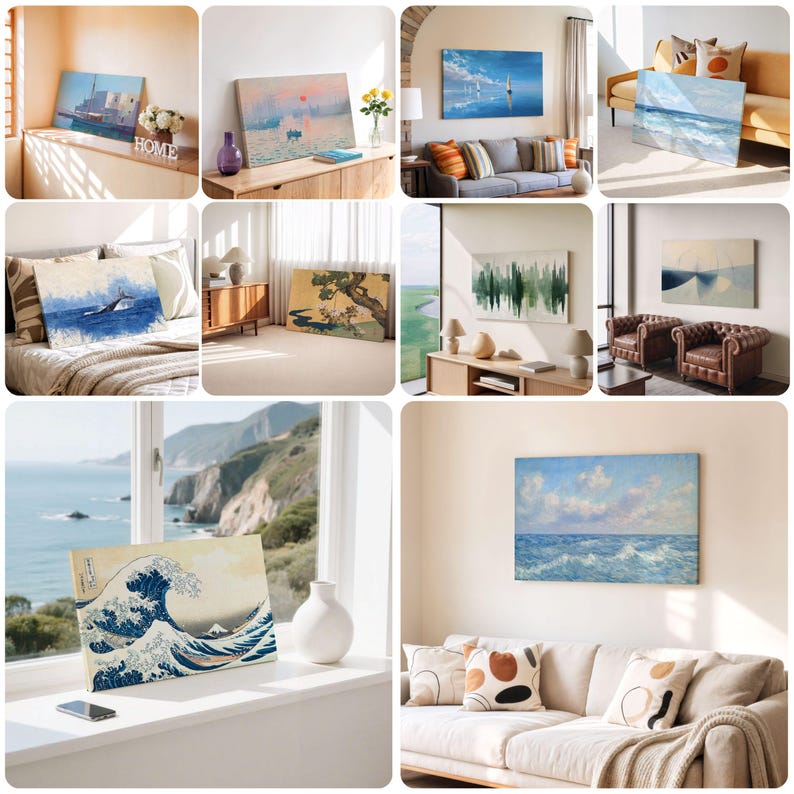 May include: Collection of canvas art prints featuring various landscape and seascape paintings. The artworks depict scenes such as sailboats on the water, crashing waves, and a Japanese woodblock print of a large wave. The color palettes include blues, greens, and warm tones.