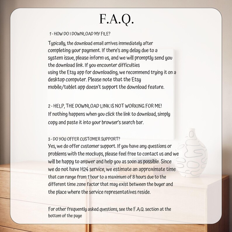 Puede incluir: Un documento blanco con el texto "F.A.Q." en la parte superior. El documento proporciona respuestas a preguntas frecuentes sobre la descarga de archivos, incluida informaci&oacute;n de atenci&oacute;n al cliente. Un jarr&oacute;n decorativo est&aacute; en el fondo.