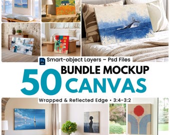 50 Canvas Mockup PSD Bundle, 3x4 and 3x2 Ratio, Vertical and Horizontal Canvas PSD, Wall Art Mockup, Photopea Smart Object Files
