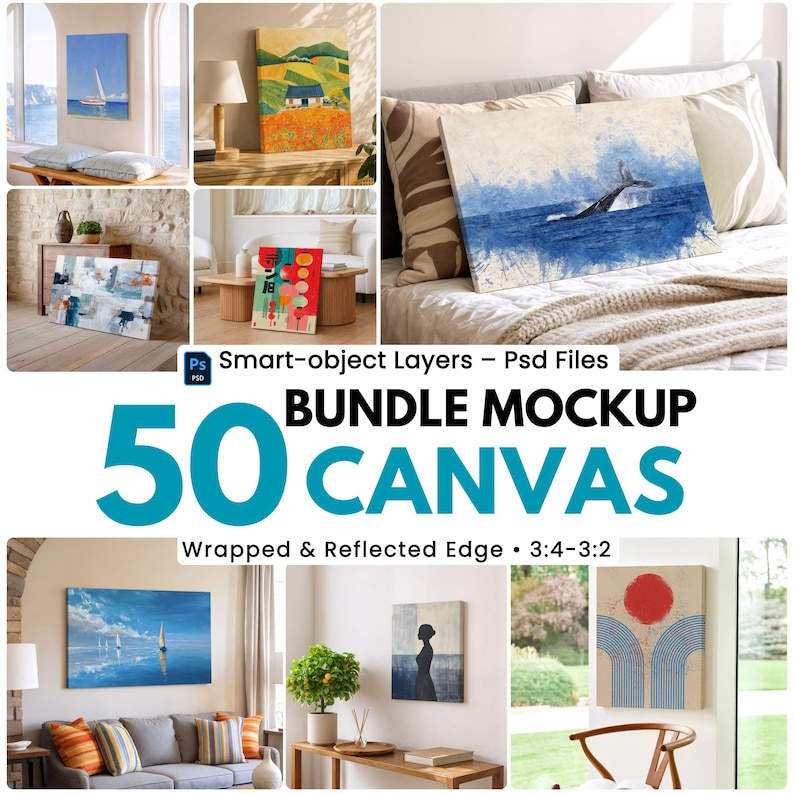 May include: A collection of canvas art mockups showcasing various designs. The image features multiple canvas prints with diverse artwork, including landscapes, abstract art, and a whale illustration. The text "50 CANVAS" is prominently displayed, along with "Wrapped & Reflected Edge".