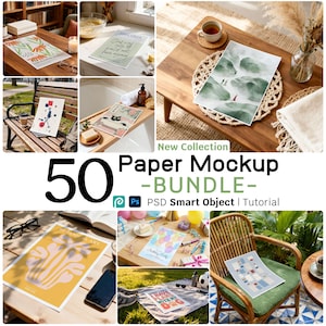 May include: A collection of paper mockups featuring various designs, including floral art, abstract illustrations, and watercolor landscapes. The image showcases a bundle of 50 mockups, perfect for showcasing artwork or designs. The text "Paper Mockup -BUNDLE-" is visible.