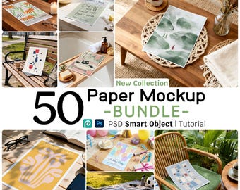 Paquete de 50 maquetas de papel A4 de 5x7 pulgadas, compatible con Photopea, con objetos inteligentes PSD y JPG, para exhibición de arte mural minimalista, maqueta de impresión con superposición de sombras.
