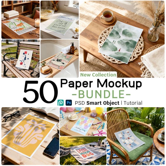 50 Paper Mockup Bundle 5x7 Ratio A4, Photopea Compatible, PSD Smart Object & JPG, Minimalist Wall Art Display, Shadow Overlay Print Mock Up