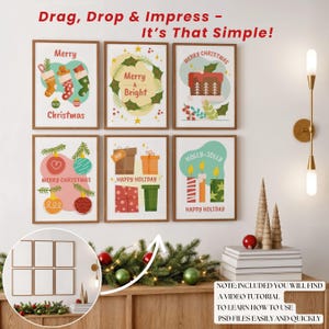 May include: A set of six framed Christmas art prints with festive illustrations and the words "Merry Christmas," "Merry & Bright," and "Happy Holiday." The prints are displayed above a wooden console decorated with Christmas ornaments.