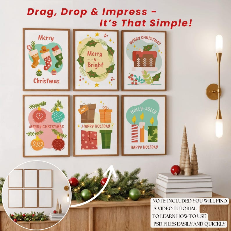 May include: A set of six framed Christmas art prints with festive illustrations and the words "Merry Christmas," "Merry & Bright," and "Happy Holiday." The prints are displayed above a wooden console decorated with Christmas ornaments.