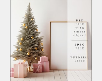 Kerstframe mockup, close-up mockup, landschapskunst print mockup, kerst mockup PSD, verticaal frame mockup