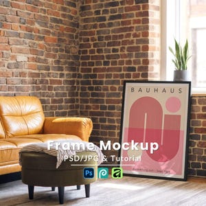 5x7 Black Frame Mockup PSD, Exposed Brick Loft Wall Art, Orange Leather Sofa Industrial Poster Display, Smart Object Layer, Digital Download