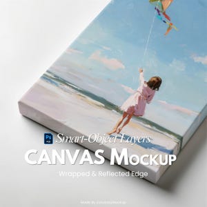 Op de afbeelding: Canvas mockup met een schilderij van een persoon die een vlieger op het strand laat vliegen. Het kunstwerk heeft een lichtblauwe lucht en een persoon in een roze jurk. Het canvas heeft gewikkelde en gereflecteerde randen. De tekst "CANVAS Mockup" wordt weergegeven.